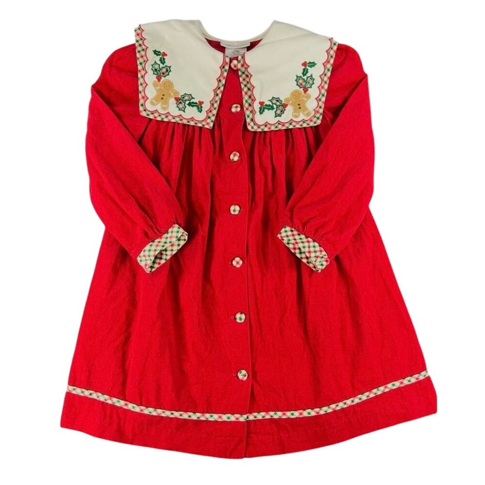 Bonnie Jean Girls Christmas Corduroy Dress Size 6X Red Gingerbread Holly Holiday